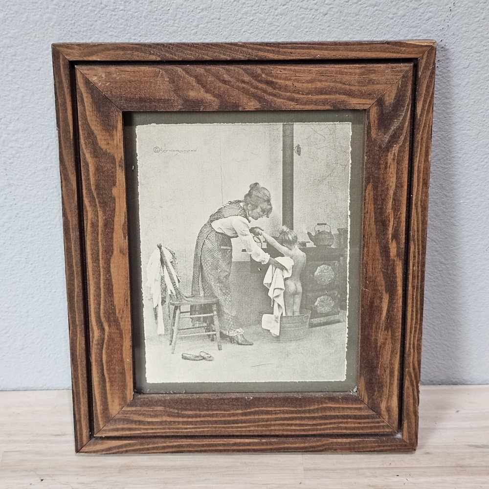 Vintage 5"x7" Framed Art Lithography Print R Hendrickson Bath Time